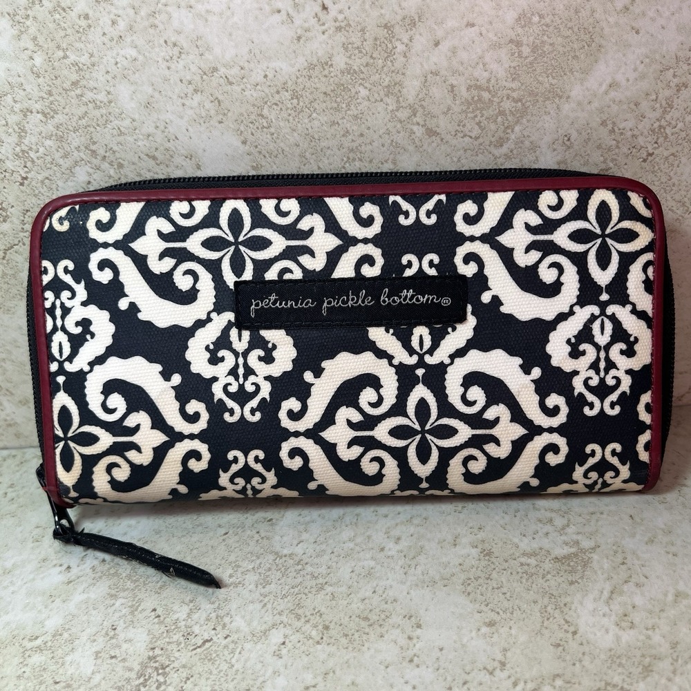 Petunia Pickle Bottom Black & White Damask Wallet Zip Red Trim Long Multi Pocket